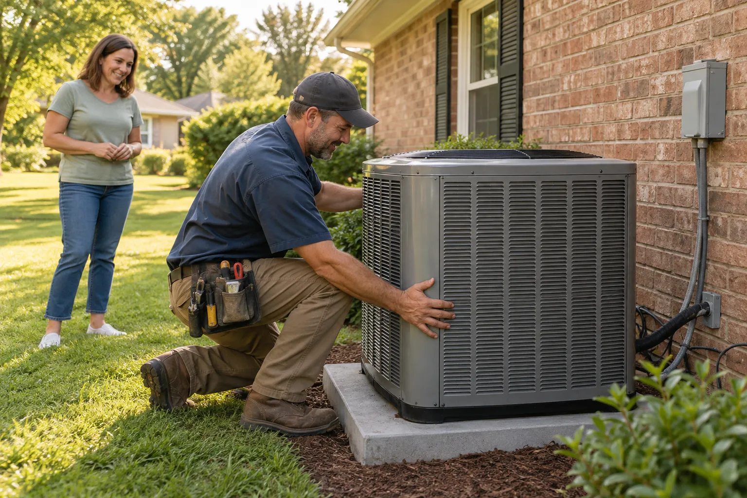 Provider installing a new outdoor AC unit beside a brick ranch home in the Fate area